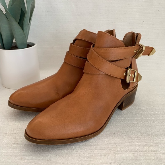 Seychelles Caramel Leather Gold Buckle Ankle Booties Woman’s 8.5 - Picture 4 of 11